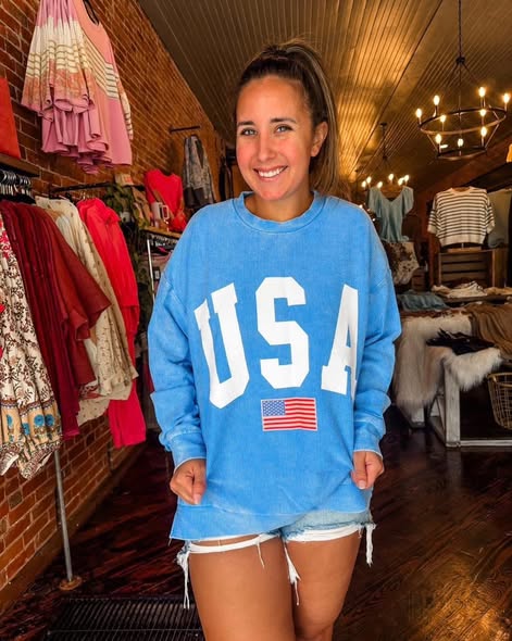 Light Blue Corded USA Crew Neck
