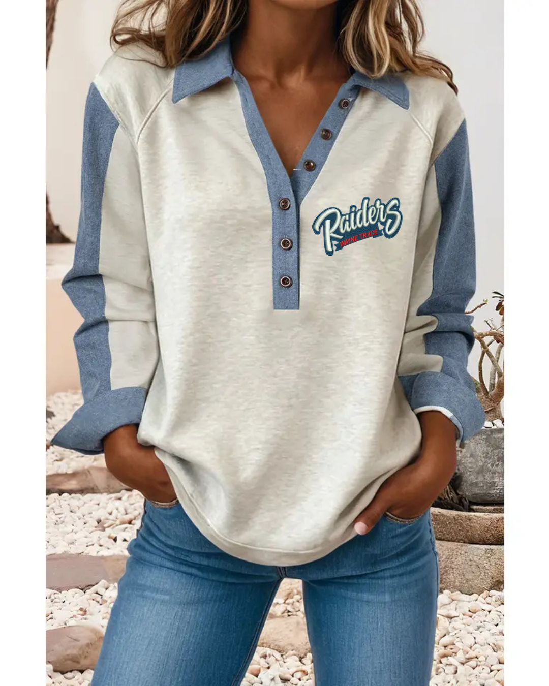 Western Denim Patched Buttoned Polo Collar Long Sleeve Top